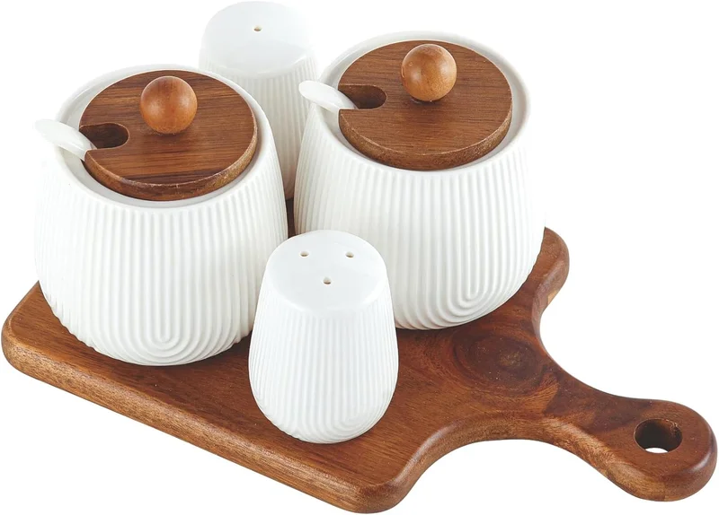 شالو طقم توابل بورسلين خشب الأكاسيا 4 قطع أبيض وبني